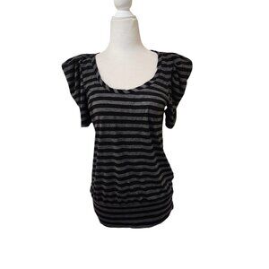 Decree Black Grey Striped 90s y2k Top Women's Large Ruched Sleeves